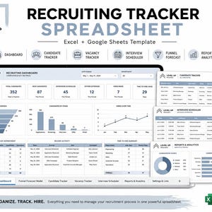 May include: A digital recruiting tracker spreadsheet template for Excel and Google Sheets. The interface displays a dashboard with metrics, candidate tracking, vacancy management, interview scheduling, funnel forecasting, and analytics reports.