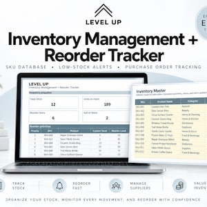 Pode incluir: Um modelo de Excel editável para gestão de inventário e rastreamento de pedidos exibido na tela de um laptop. A interface mostra um resumo do inventário, prioridades de reabastecimento e uma lista principal com colunas para SKU, nome do produto, categoria e unidade.
