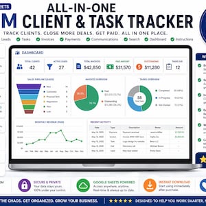 May include: A laptop screen displays a CRM dashboard with charts and data visualizations. The interface includes sections for clients, leads, tasks, invoices, and payments. Text at the top reads "ALL-IN-ONE CRM CLIENT & TASK TRACKER". The design is clean and modern, with a focus on data organization.
