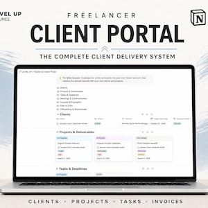 Op de afbeelding: Een laptopscherm met een digitale werkruimte genaamd Freelancer Client Portal, Built for Notion. De interface bevat secties voor klanten, projecten, taken, vergaderingen, facturen, bestanden, links en offboarding en getuigenissen.