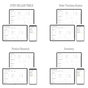 May include: Digital displays of Etsy seller tools, order tracking, product research, and inventory management interfaces. Each interface is shown on a tablet and smartphone, displaying data in a white and green colour scheme.