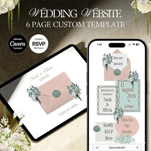 Pode incluir: Modelo de site de casamento digital exibido em um tablet e smartphone. O design apresenta um envelope rosa com detalhes florais, os nomes "Noah & Olivia" e a data 11.08.26. A tela do telefone mostra os detalhes do RSVP e as informações do evento.