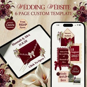 Peut inclure: Maquette de site web de mariage numérique affichée sur une tablette et un smartphone. Le design présente une enveloppe bordeaux avec des accents floraux, les noms "Hannah & Alex" et la date "11.8.26". Le smartphone affiche les détails RSVP.