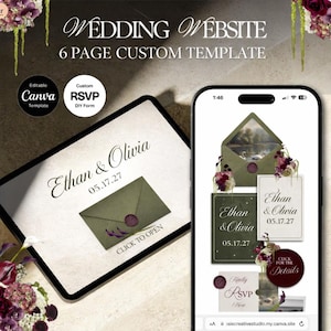 Peut inclure: Maquette de site web de mariage numérique affichée sur une tablette et un smartphone. Le design présente une enveloppe vert olive avec un sceau de cire, les noms "Ethan & Olivia" et la date 05.17.27. Le texte "Wedding Website" et "6 Page Custom Template" sont également visibles.