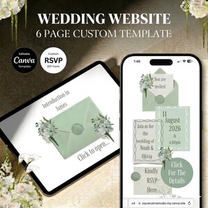 Può includere: Modello di sito web di matrimonio digitale visualizzato su tablet e smartphone. Il design presenta una combinazione di colori verde menta con accenti floreali. Il testo include "Wedding Website" e "6 Page Custom Template."