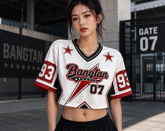 Bangtan Crop Top Football Jersey, Kpop Mesh Sports Shirt, Women's Red White Black Cropped Concert Top, BTS Fan Gift, Festival Outfit