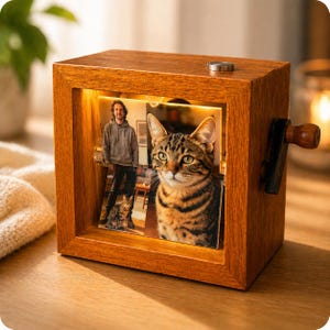 Engraved Cherry Tone Solid Wood Photo Flipbook Box, Custom 8cm Cube Animation Box with LED Light, Personalized Hand-Crank Anniversary Gift