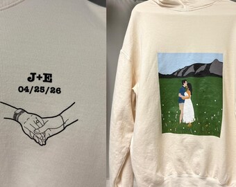Custom Couple Portrait Hoodie | Personalized Wedding Sweatshirt,  Initials + Hand Holding Front Chest, Custom Portrait Full Back (DTG Print)