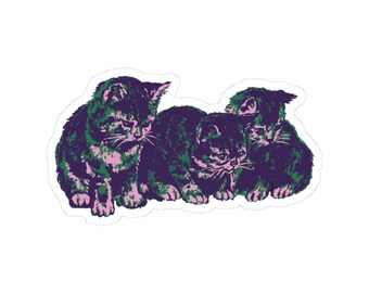 Three Kittens Kiss-cut Sticker | Purple Pink Green Cat Art | Indie Cat Illustration Decal