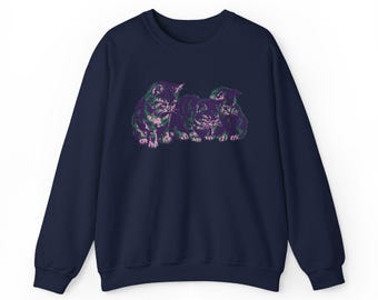 Three Kittens Crewneck Sweatshirt | Purple Pink Green Vintage Cat Illustration Sweater