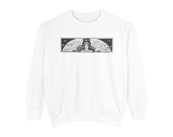 Divine Protector | Angel Illustration Graphic Sweatshirt | Celestial Alt Apparel | Indie Art
