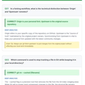 May include: A webpage section titled "Section 1: Introduction to Git & GitHub" with two questions and answers. The first question asks about the distinction between 'Origin' and 'Upstream'. The second question asks about a Git command.