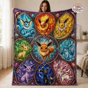 Eeveelution-Decke, weiche Kuscheldecke, Vaporeon-, Flareon-, Espeon-, Umbreon- und Sylveon-Fleecedecke, Sternen- und Galaxie-Flanell-Erinnerungsgeschenk für Pokémon-Fans