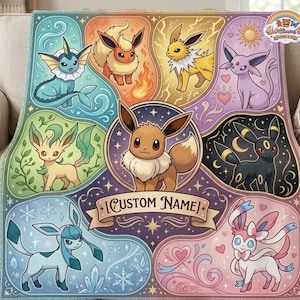 May include: A rectangular fleece blanket featuring a central illustration of Eevee surrounded by its evolutions including Vaporeon, Flareon, Jolteon, Espeon, Umbreon, Leafeon, Glaceon, and Sylveon. A banner at the bottom contains the text CUSTOM NAME.