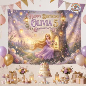 May include: A rectangular birthday backdrop featuring a cartoon princess with long blonde hair in a purple dress, a stone tower, floating lanterns, and the text Happy Birthday Olivia 5 Shining Into Five, surrounded by colorful balloons and cake.
