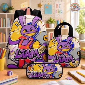 May include: A backpack, lunch bag, and pencil case set featuring a purple cartoon rabbit character in red overalls with yellow accents. Each item displays the name LIAM in bold purple graffiti-style lettering against a white background.
