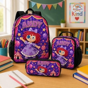Gepersonaliseerde Ragatha Amazing Digital Circus rugzakset, gepersonaliseerde TADC-tas, lunchbox met naam op maat, cadeau voor kind, cadeaus voor de start van het schooljaar