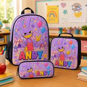 Gepersonaliseerde Circus Jax rugzak, TADC schooltas met eigen naam, geweldige digitale circus schoolbenodigdheden set, lunchtas voor de terug naar school