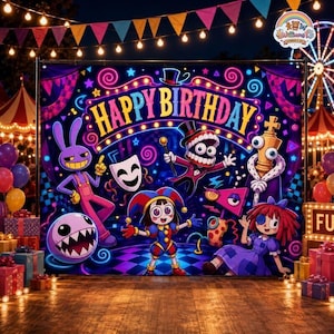 Digital Circus Birthday Decor, Pomni Jax Ragatha Zooble Tapestry, The Amazing Digital Circus Backdrop, Birthday Party Banner