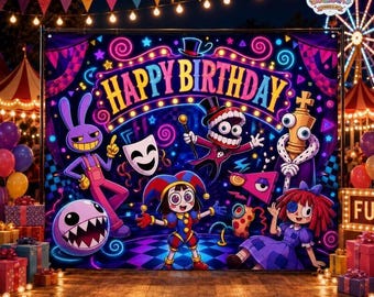 Decoración digital de circo para cumpleaños, tapiz Pomni Jax Ragatha Zooble, el increíble telón de fondo de circo digital, pancarta para fiesta de cumpleaños