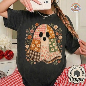 Patchwork Floral Ghost Shirt, Checkered Floral Boho Fall Shirt, Retro Ghost Tee, Preppy Distressed Halloween Tee, Halloween Costume Tee