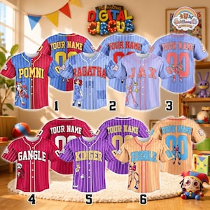 May include: A collection of six custom baseball jerseys featuring characters from The Amazing Digital Circus. Each button-down shirt displays a unique character name, a graphic illustration, and a customizable name and number on the back.