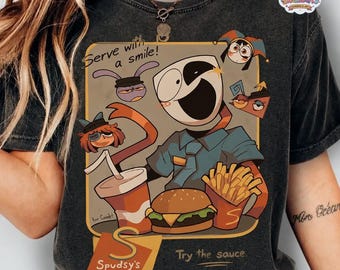 Koszulka Spudsy'ego z cyfrowym cyrkiem, koszulka z grafiką TADC Gangle Jax Fast Food, prezent w stylu retro z motywem animowanym Comfort Colors, koszulki anime z motywem cyrkowym