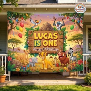 May include: A rectangular birthday backdrop banner featuring a savanna landscape with cartoon animals including a lion cub, elephant, warthog, and zebra. The center displays a wooden sign with the text LUCAS IS ONE Happy 1st Birthday.