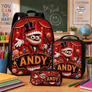 Gepersonaliseerde, fantastische rugzakset met digitaal circusthema, schooltas met digitaal circusthema, lunchbox met gepersonaliseerde naam, etui, cadeaus voor de start van het schooljaar