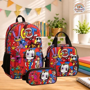 May include: A red backpack, lunch bag, and pencil case set featuring a vibrant, multi-colored cartoon character print. The items display various animated figures with large eyes and expressive faces, including a purple rabbit and a jester-like character.