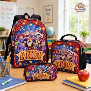 Gepersonaliseerde rugzakset met digitale circusafbeeldingen, Jax Ragatha schooltas, gepersonaliseerde lunchtas voor kinderen, etui voor schoolpotloden, cadeau voor jongens en meisjes