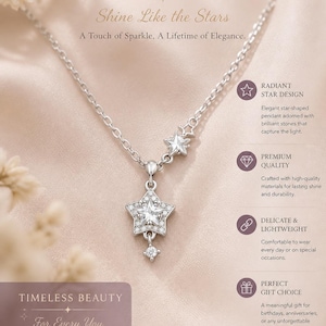 May include: A silver starlight pendant necklace with a star-shaped pendant and smaller star accents. The necklace features a delicate chain and is adorned with sparkling stones. The image includes text that reads "Starlight Pendant Necklace".