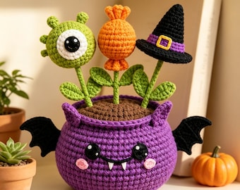 Halloween-Häkel-Fledermaus-Topf-Arrangement, Augapfel-Süßigkeiten-Hexenhut-Ewigkeitsblume, gruselig-süße Etageren-Tablett-Dekoration