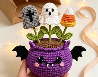 Halloween-Häkel-Fledermaus-Topf-Arrangement, Geister-Grabstein-Zuckermais-Blume, gruselig-süße Etageren-Dekoration