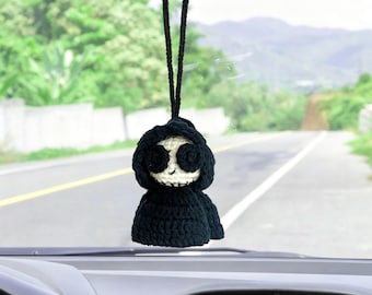 Gehäkelter Auto-Anhänger mit Sensenmann-Motiv, Halloween-Totenkopf-Rückspiegelanhänger, gruseliges Gothic-Auto-Accessoire