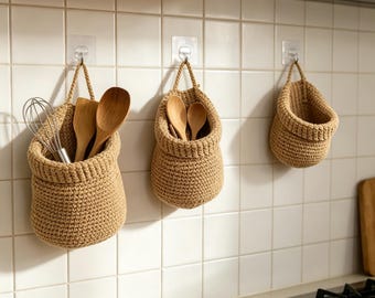 Handgemachter gehäkelter hängender Aufbewahrungskorb | Boho Küchen Organizer Einzigartiges Housewarming-Geschenk