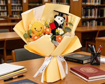 Ramo de graduación de ganchillo 2026, ramo de flores de peluche de panda hecho a mano para graduación, regalo de recuerdo floral eterno, regalos para profesores y mentores
