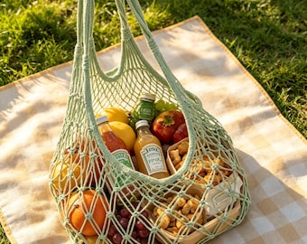 Bolso tote de malla de algodón estilo bohemio, bolsa de almacenamiento de frutas tejida a mano, organizador de cocina, regalo para ella.