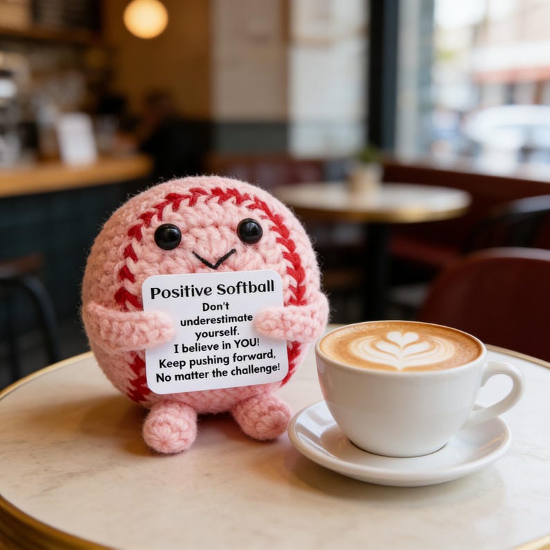 K&ouml;nnte beinhalten: Ein geh&auml;kelter rosa Softball mit roten N&auml;hten und schwarzen Augen h&auml;lt ein Schild mit motivierendem Text. Eine wei&szlig;e Tasse Kaffee mit Latte Art steht auf einer Untertasse neben dem Softball. Das Schild lautet "Positive Softball."