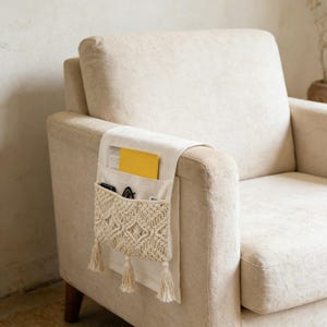 Handmade Macrame Sofa Armrest Organizer | Boho Couch Caddy | Remote Control & Book Storage Pocket