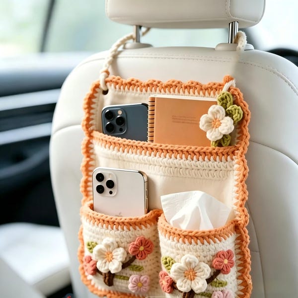 Handmade Crochet Car Organizer, Floral Backseat Storage Bag, Cute Car Accessory