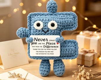 Gehäkeltes positives Puzzleteil Amigurumi, Dankeschön-Geschenk, Motivationskarte mit Zitat, Schreibtischpuppe