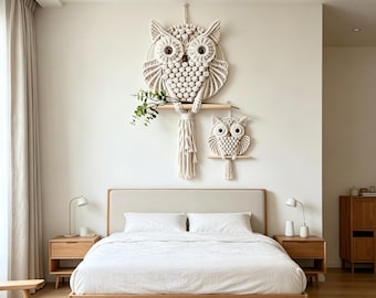 Tapiz de pared de búho de macramé / Tapiz bohemio para habitación infantil y hogar / Decoración de pared neutra hecha a mano