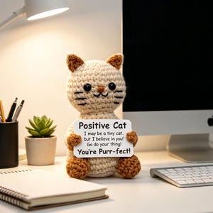 Pode incluir: Uma figura de gato de crochê bege e marrom, segurando uma placa que diz "Positive Cat". A placa inclui as frases "I may be a tiny cat, but I believe in you! Go do your thing! You're Purr-fect!". O gato está em uma mesa.