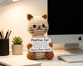 Peluche de gato positivo hecho a mano a crochet, regalo de apoyo emocional para ella, compañero de escritorio.