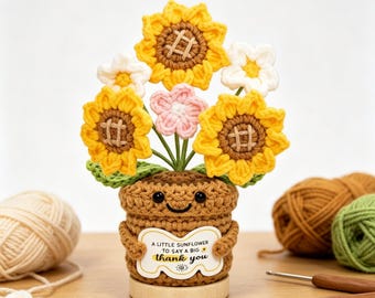 Girasol de ganchillo en maceta, flor amigurumi hecha a mano, regalo de agradecimiento para ella.