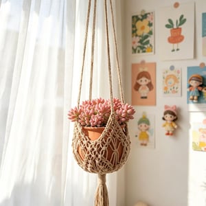 May include: A hanging macrame plant holder with a terracotta pot filled with pink succulents. The holder is suspended by four woven cords and features a decorative tassel. The background includes artwork and dolls.
