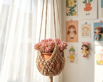 Macetero colgante de macramé, maceta colgante de yute natural, regalo de decoración bohemia para el hogar para ella.
