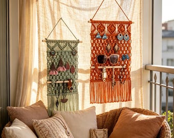 Organizador de joyas de macramé para colgar en la pared, soporte bohemio para pendientes y collares, regalo para ella.