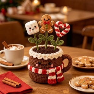 May include: A brown crocheted mug with a smiling face, wearing a red and white striped scarf. Inside are three crocheted stems topped with a white marshmallow, a gingerbread person, and a red and white striped heart-shaped candy cane.